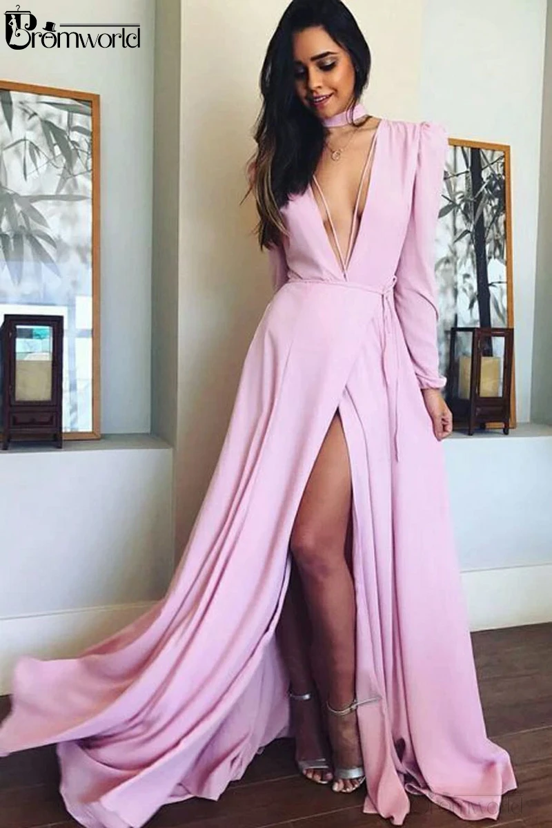 

Charming Pink Long Prom Dresses 2021 Sexy Slit vestidos de fiesta largos elegantes de gala Deep V Neck Long Sleeves Party Gowns