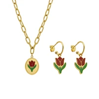 wateproof 316l stainless steel colorful tulip flower pendant earring necklaces for girls women gold color collares jewelry gift