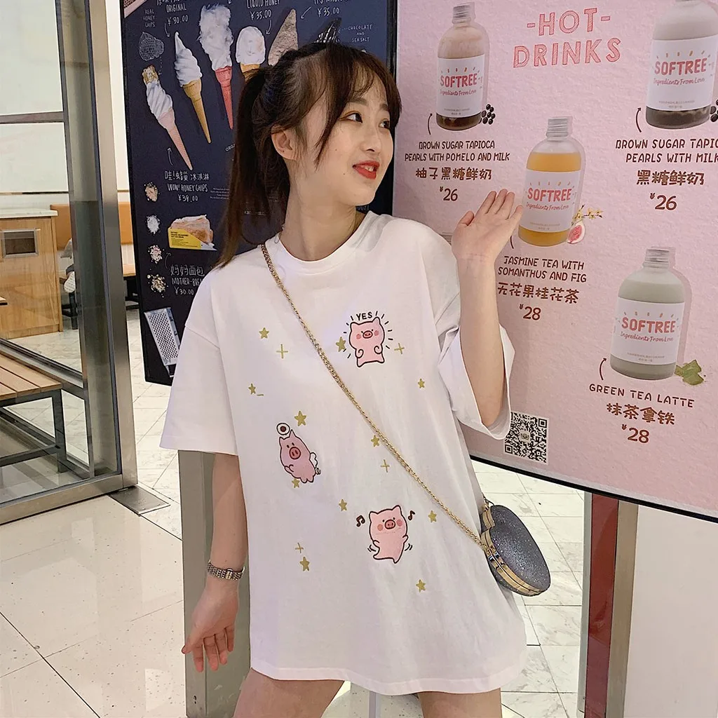 2019 New Women Harajuku Lovely Piggy Print Short-sleeved T-shirt Summer Loose O-neck Casual Female T-shirt#P30 | Женская одежда