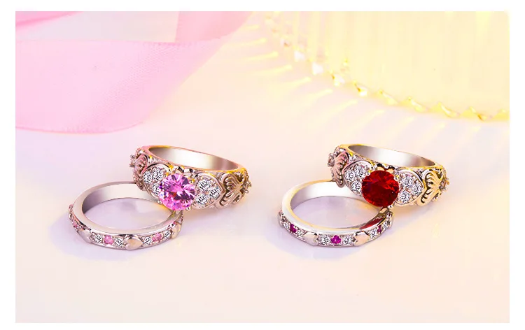 2/pc Romantic Heart Shape Crystal Engagement Wedding Ring for Women Pink/Red Gems Sets Ring for Anniversary Party Jewelry Gifts