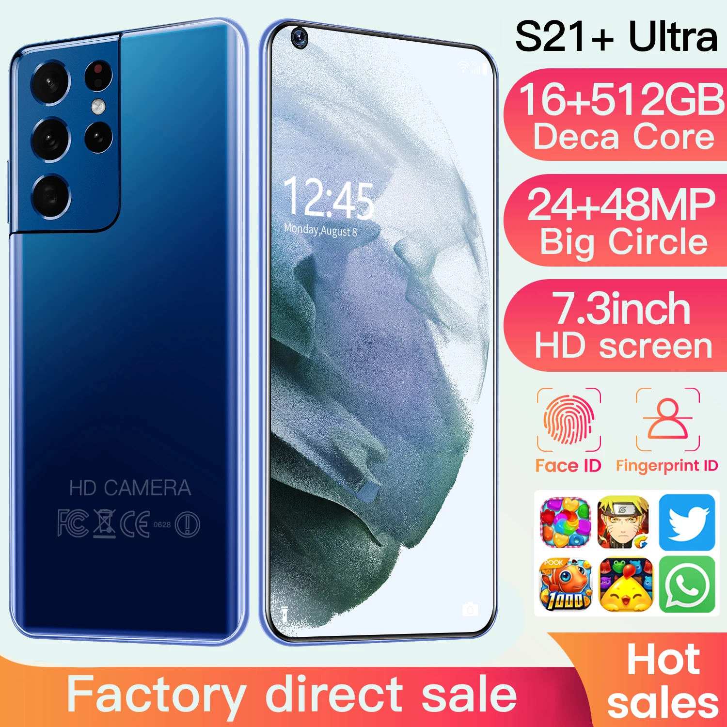 

Smartphones Global Version S21+ Ultra MTK6889 16+512GB 6800mAh Big Battery 10 cores Face unlock 7.3 inch HD large screen