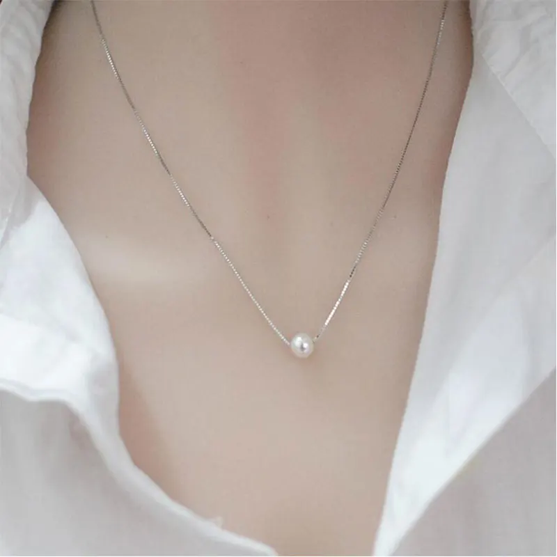 

POPACC 925 Sterling Silver Jewelry Simple Hot Fashion 10mm Pearl Chain Necklace kolye collares bijoux femme