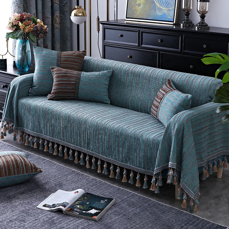 

European Chenille Stripe Couch Cover for Sofas 3 4 Seater Sectional Recliner Chair Sofa Towel Throw Non-slip Furniture Protector