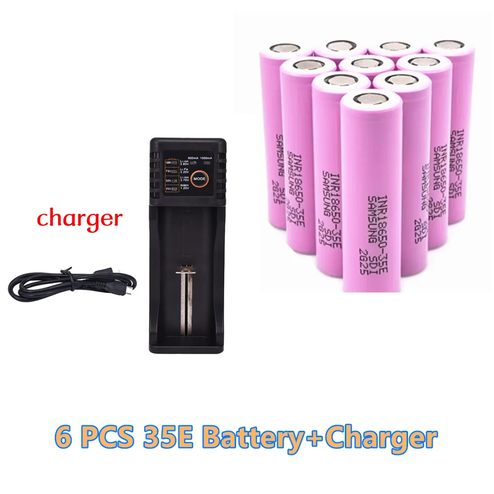 

6 Pcs Original Power 18650 Lithium Battery 35E 3500mAh 3.7V 25A High Power Inr18650 Electric Tools+Charger
