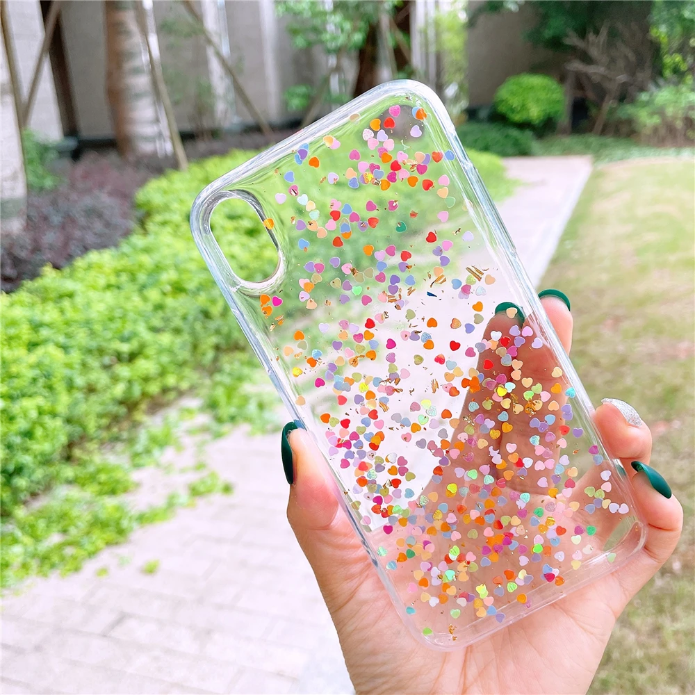 

Vya Love Heart Glitter Sparkle Gold Foil Sequins Phone case For 12 11 ProMax XS Max XR X 6 6S 7 8 Plus SE Soft Silicone Cover