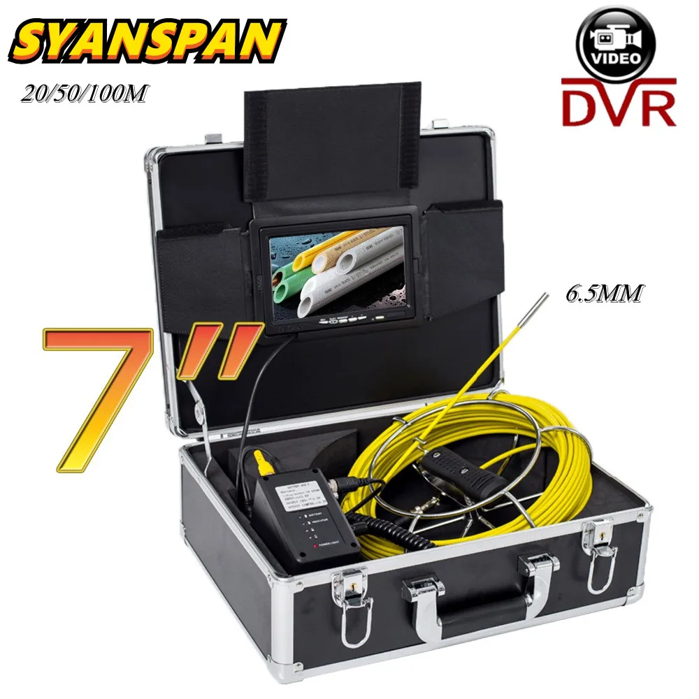 

SYANSPAN 20/50/100M Pipe Inspection Video Camera,6.5mm 8GB SD Card DVR IP68 Drain Sewer Pipeline Industrial Endoscope 7" Monitor