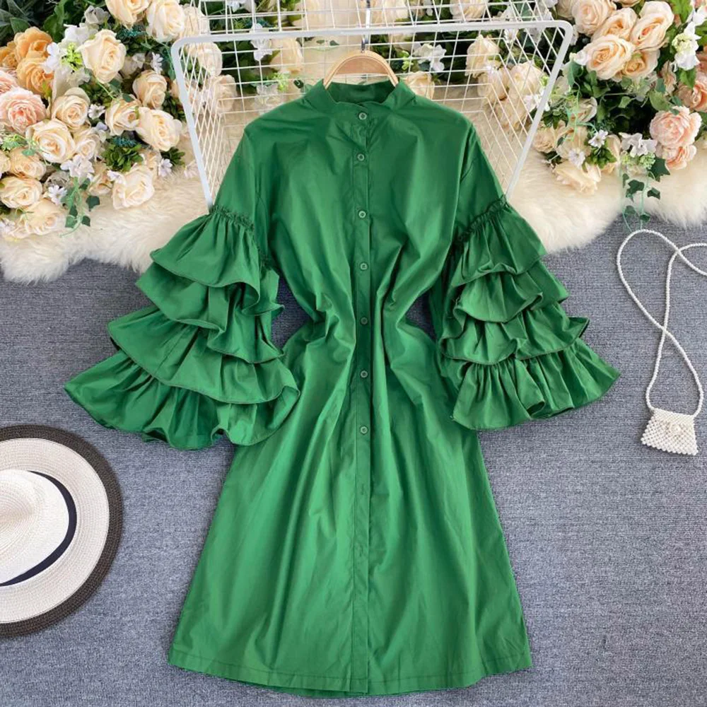 

Western Style Women's Dress Spring Summer Fashion Temperament Loose Casual Ruffle Single-breasted Solid Color Puff Sleeve 2021