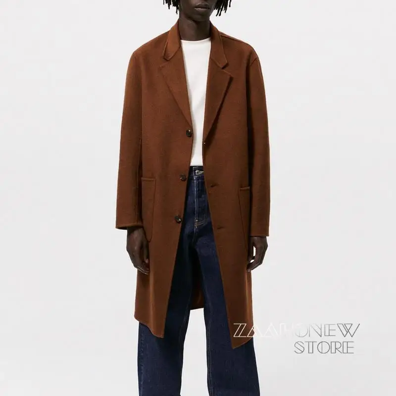 

ZAAHONEW New Autumn Winter Men Vintage Double-sided Wool Coat Fashion Casual Pockets Solid Long Warm Woolen Outwear