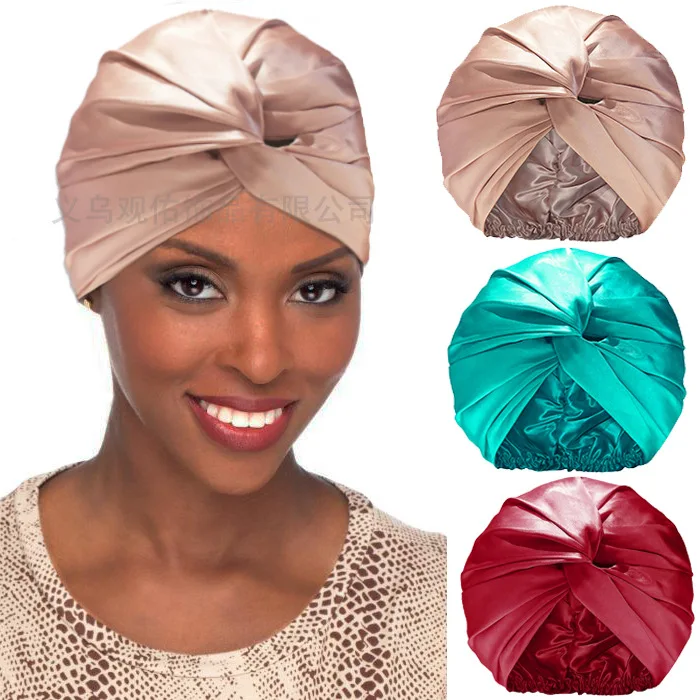 

European American Imitation Silk Nightcap Cross Twist Hat Headscarf Cap Lady Household Long Hair Headscarf Hair Protection Cap