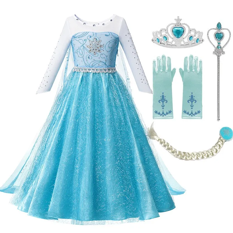 Elsa Dress Set 01 VOGUEON/платье принцессы Эльзы для маленьких девочек; карнавальный костюм Снежной Королевы для хеллоуина с длинными рукавами; Пышное Платье с бусинами и длинным шлейфом - Цвет: Elsa Dress Set 01