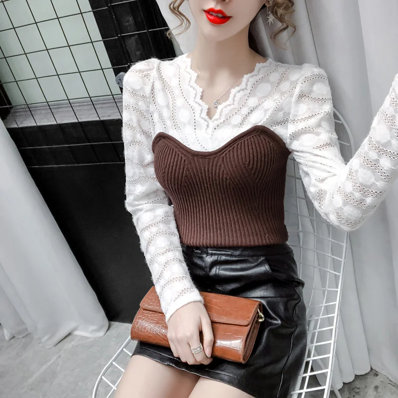 

Kimutomo Elegant Lace Patchwork Blouse Women V-neck Slim Hook Flower Hollow Long Sleeve Shirt Ladies Fashion Spring 2021