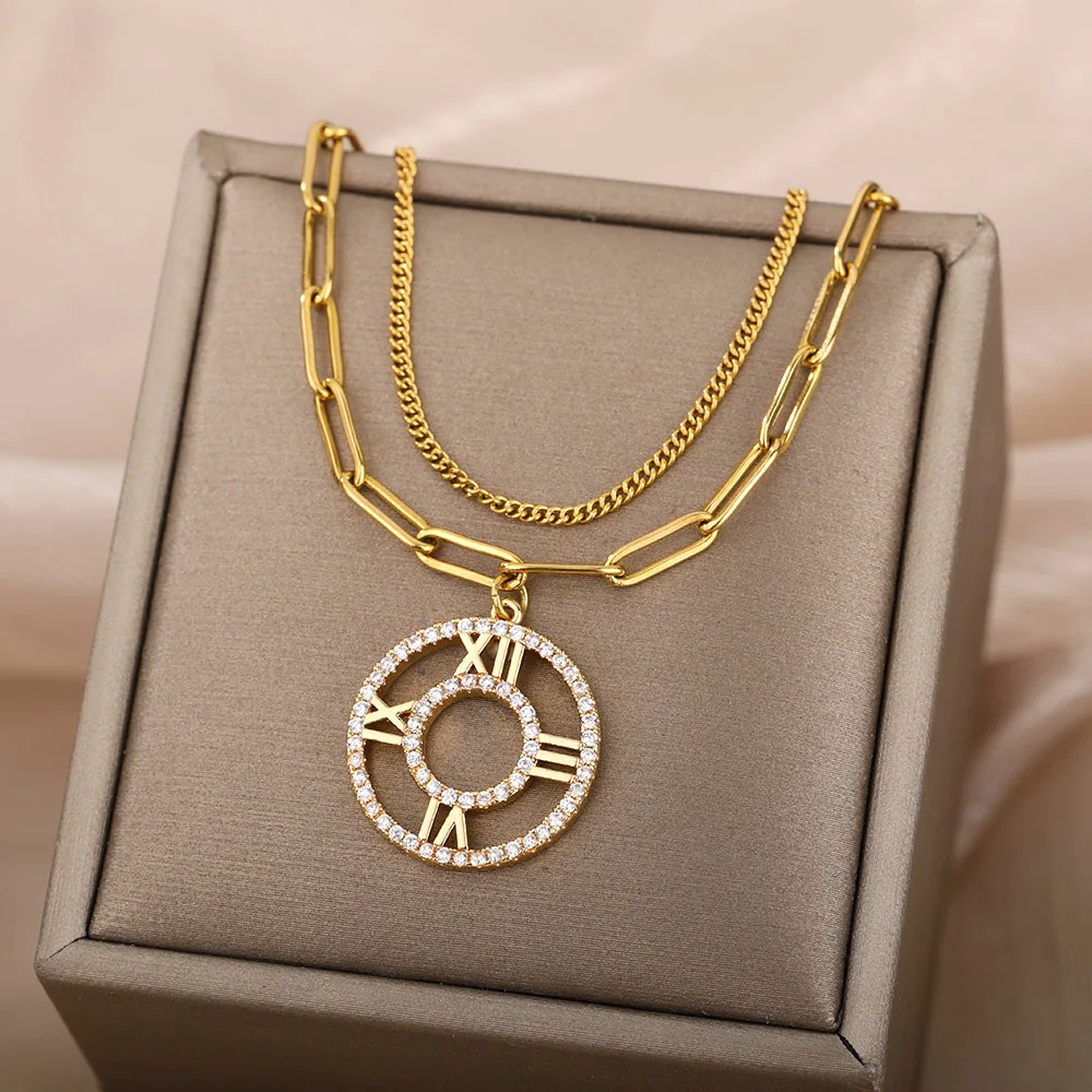 

Hollow Zircon Round Roman Numerals Necklace For Women Gold Sliver Color Double Layers Stainless Steel Chain Necklaces Jewelry