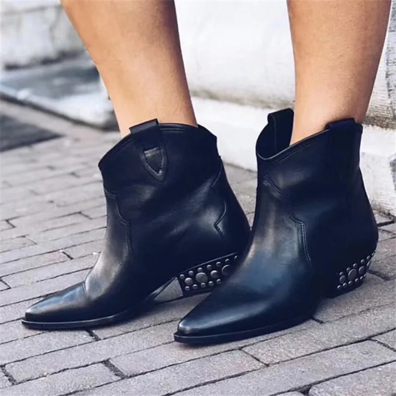 

Genuine Leather Ankle Boots for Women Rivets Studded Chunky High Heel Short Booties Slip-on Chelsea Boot Pointed Toe Botas Mujer