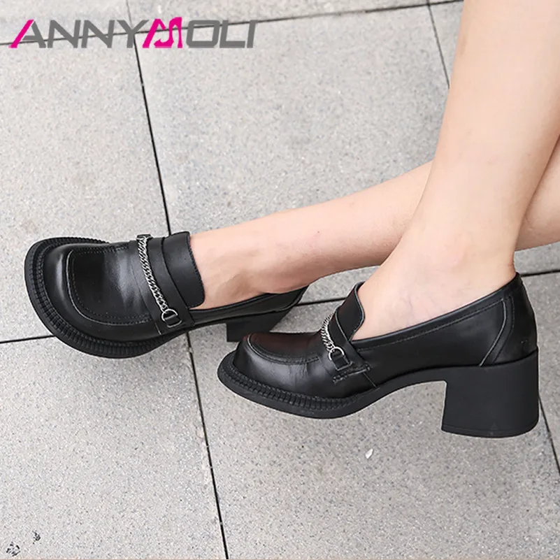 

ANNYMOLI Pumps Women Chain Natural Genuine Leather High Heel Shoes Round Toe Chunky Heels Footwear Female Autumn Black Beige 39