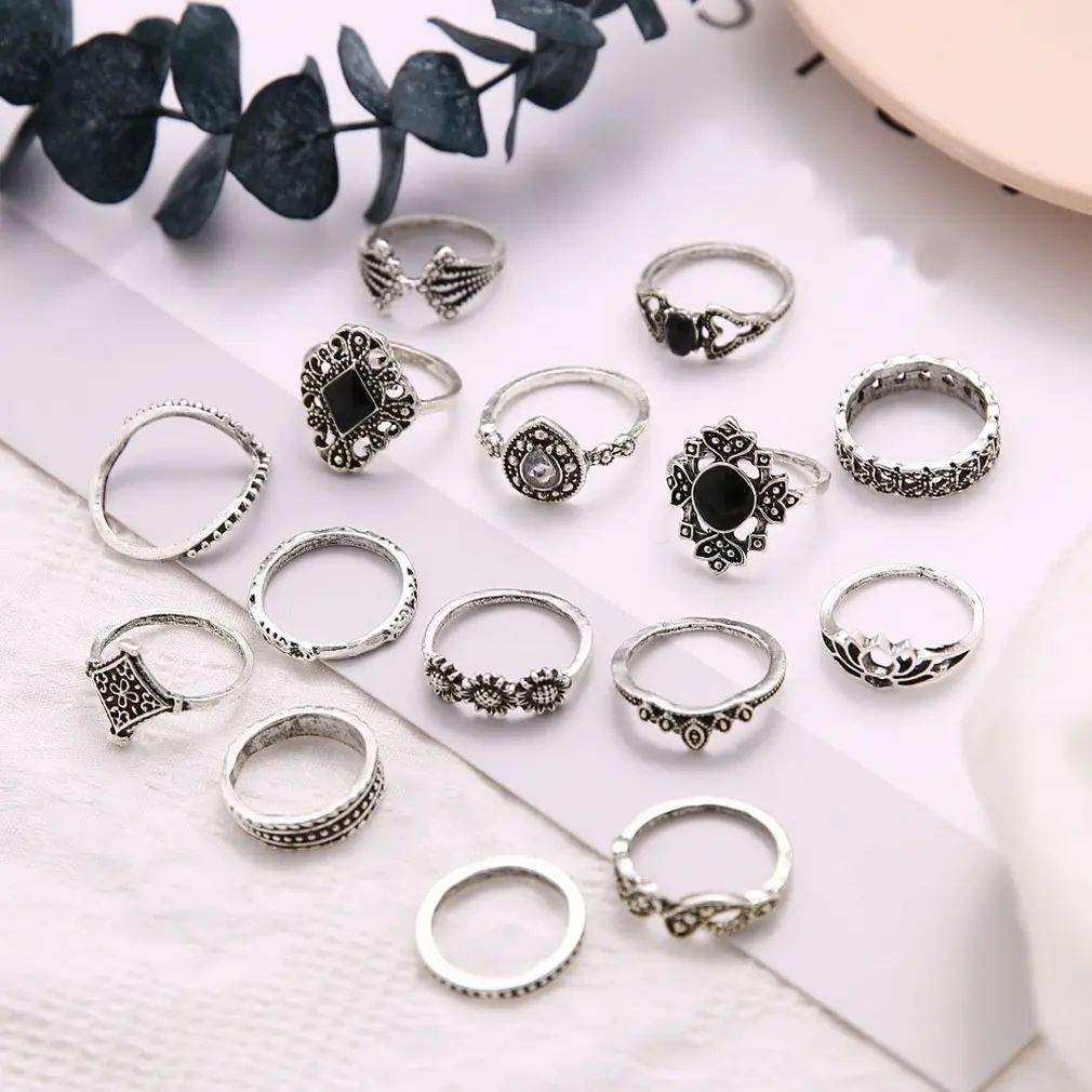 15 шт./компл. богемное Ретро хрустальное кольцо с цветком и листьями полые стразы