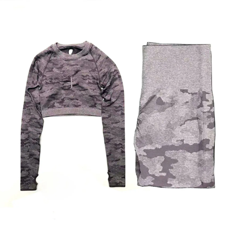 

2Piece Set Women Seamless Gym Clothing High Waist Leggings Pants Fitness Sports Suit Camouflage Long Sleeves New Camo Yoga