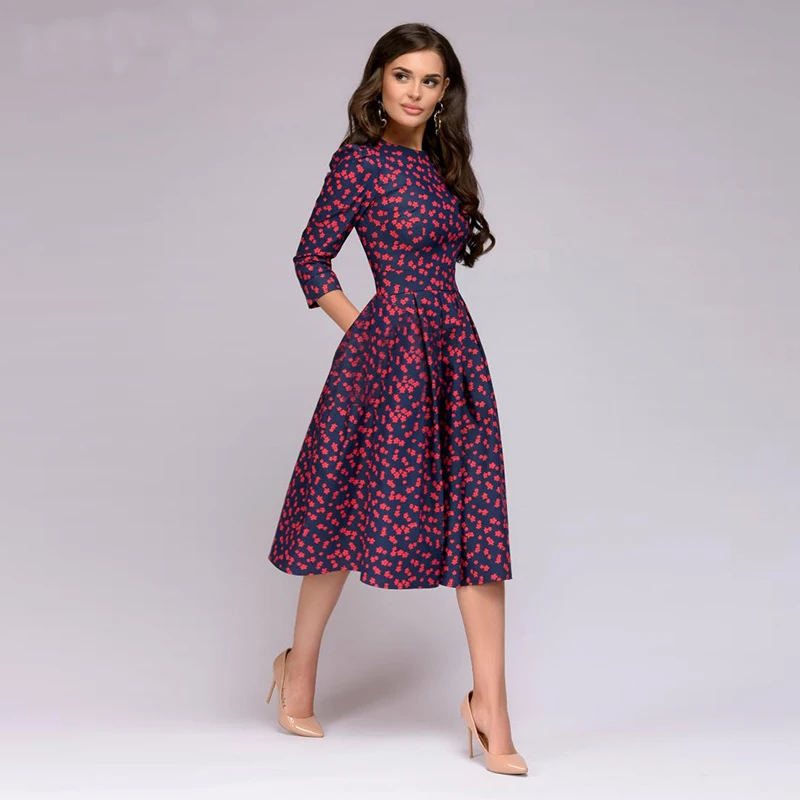 Осенне зимнее элегантное ТРАПЕЦИЕВИДНОЕ винтажное платье миди с принтом