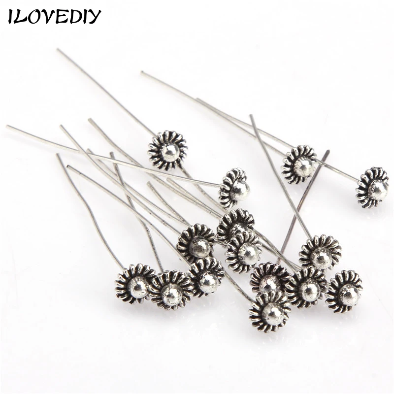 

Wholesale 20pcs 50mm Antique Silver Gold Tone Long Wheel Flower Half Ball Head Pins Supplies For Jewelry Making Diy Accessories