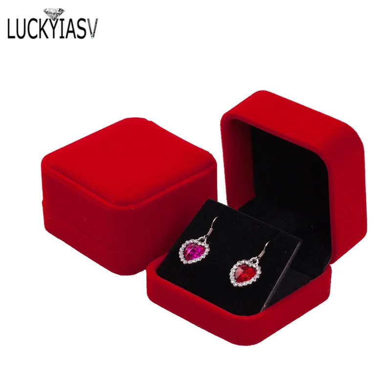Красный Откидная крышка коробки для хранения ювелирных изделий серьги кулон коробка для ювелирных изделий Бархатный Чехол для сережек пластиковая коробка 7*7*4 см - Цвет: Красный