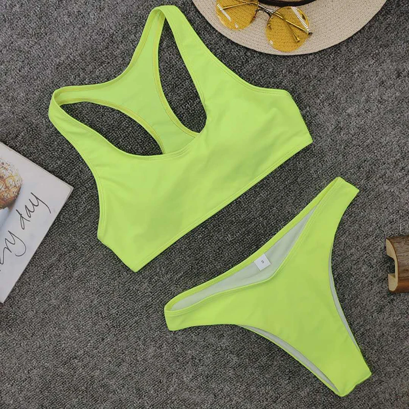Флуоресцентный однотонный спортивный комплект бикини пуш-ап кроп-Топ женский