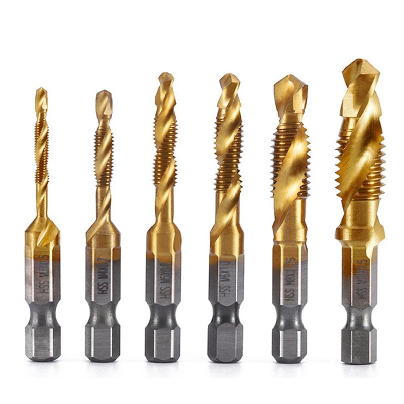Drill Tap Bit, 6 Pack Combination Drill Tap Bit Set Screw Tapping SAE 6-32NC 8-32NC 10-24NC 10-32NC 12-24NC 1/4-20NC