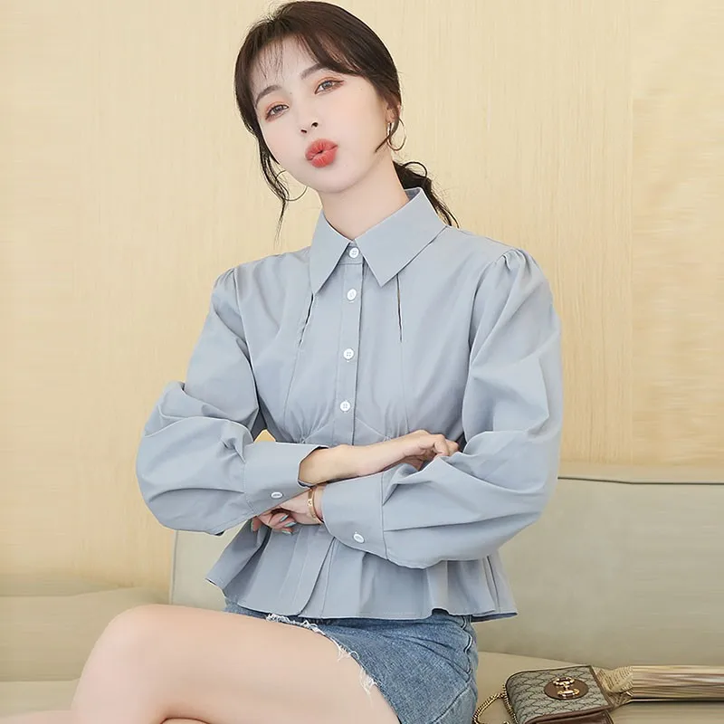 

Women Cotton Casual Shirts New Arrival 2021 Spring Korean Simple Style Turn-down Collar Ladies Elegant Long Sleeve Tops W114