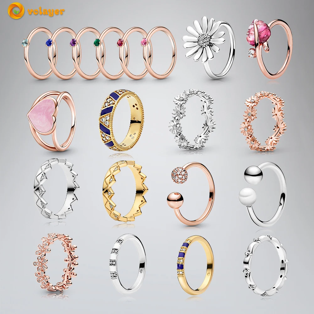 

Volayer Flower Rings 925 Sterling Silver Rings Flower Petals Band Sparkling Daisy Flower Rings Original 925 Silver Women's Rings