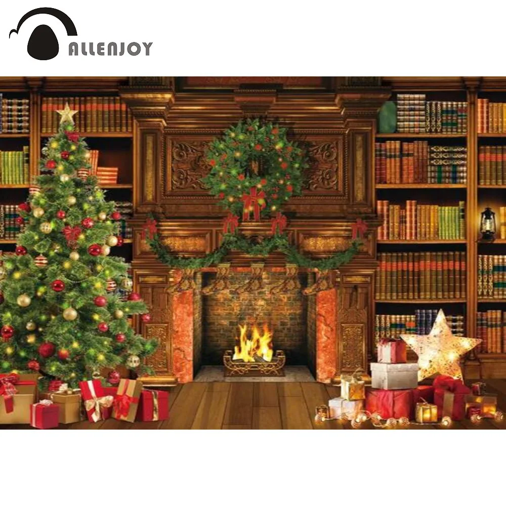 

Allenjoy Fireplace Backdrop Christmas Bookshelf Gifts Winter Vintage New Year Library Photography Background Photo Shoot Props