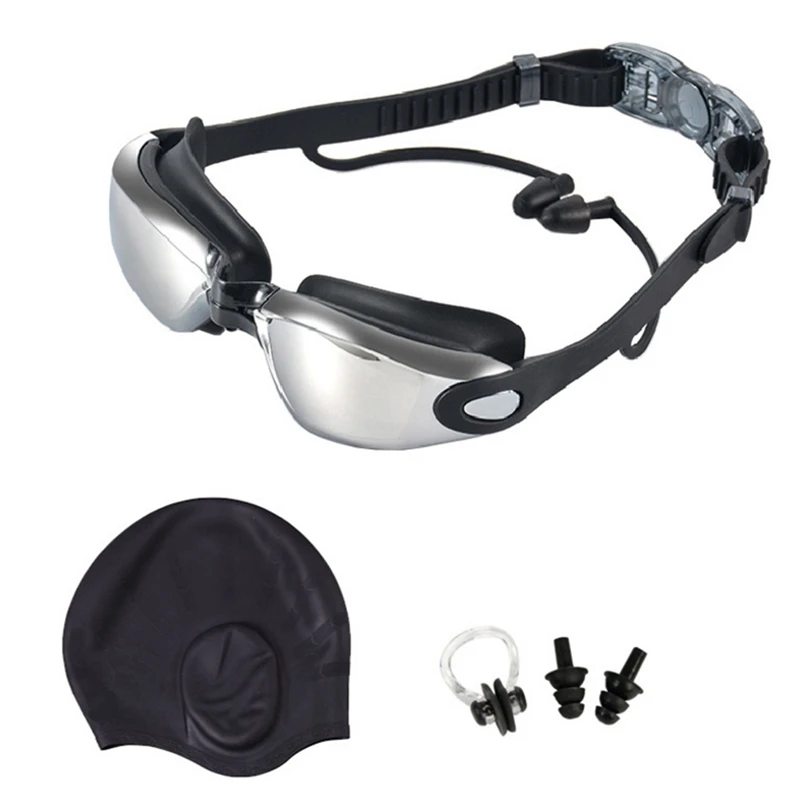 

Swimming Goggles High-Definition Waterproof Anti-Fog Goggles Swimming Cap Ear Plugs Nose Clip Suit Three Sets