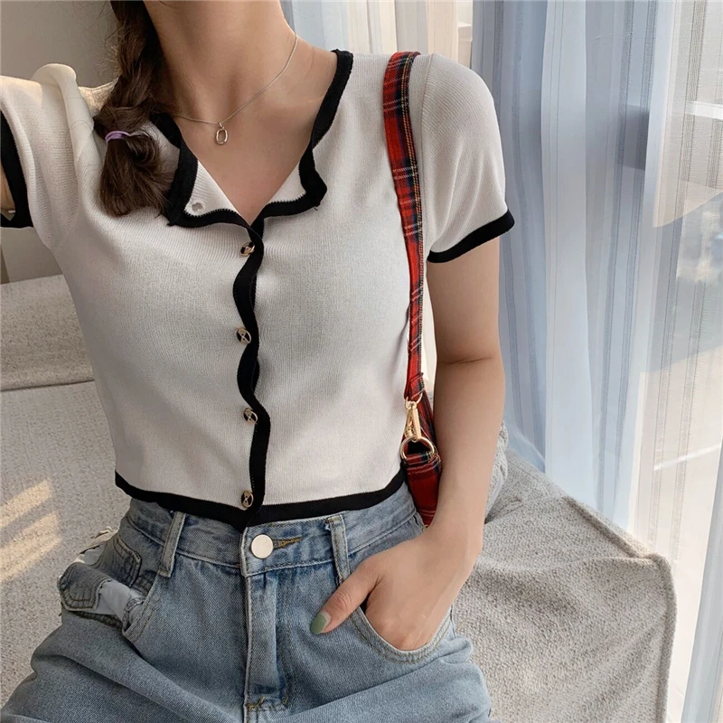 

PADEGAO Women Patched O-Neck Knitted Short Sleeve Cropped Slim Sweaters Cardigans Lady Single-breasted Sweater Crop Tops PDG1783