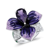 luxury exaggerated purple enamel petal design rings fashion womens wedding engagement silver color ring banquet jewelry
