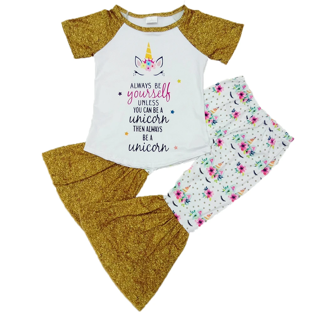 

High Quality Factory Kids Boutique Clothing Fashin Unicron Print Gold Color Short Sleeve Shirts With Bell Bottom Outfit Summer