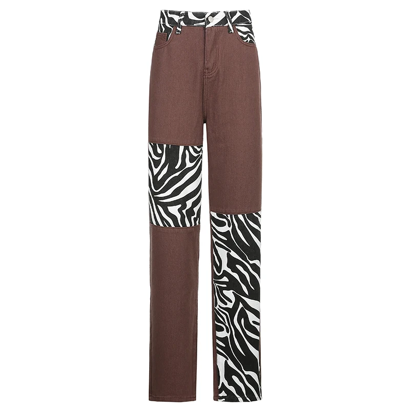 

Rockmore Zebra Print Patchwork Straight Pants Women'S High Waist Jeans Streetwear Baggy Trousers Y2K Mom Boyfriend Denim Capris