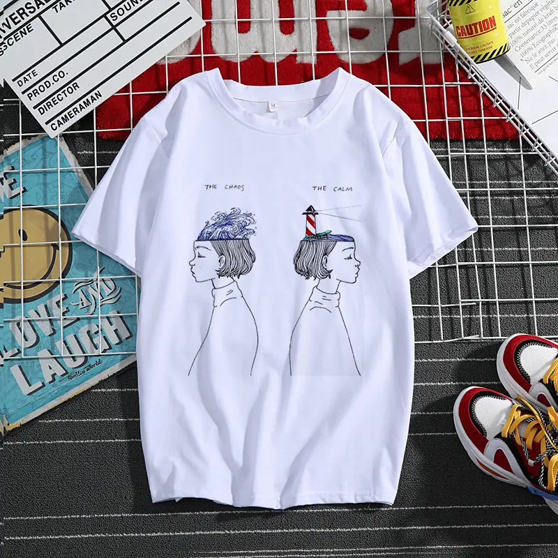 

Harajuku abstract art style cartoon graphic printed women's T-shirt fashion street hip-hop loose casual short sleeves Tops Tees