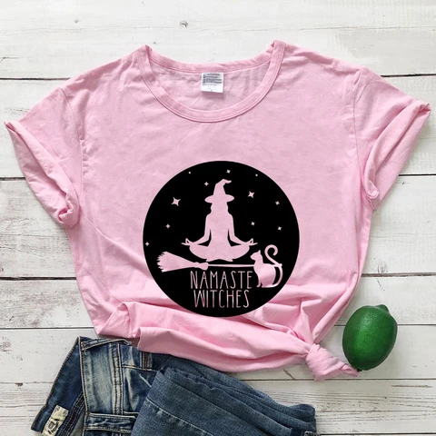Футболка Namaste с ведьмами, 100% хлопок, винтажная Женская футболка для Хэллоуина, забавная футболка с ведьмой, для медитации, йоги, тренировок, топ, футболка