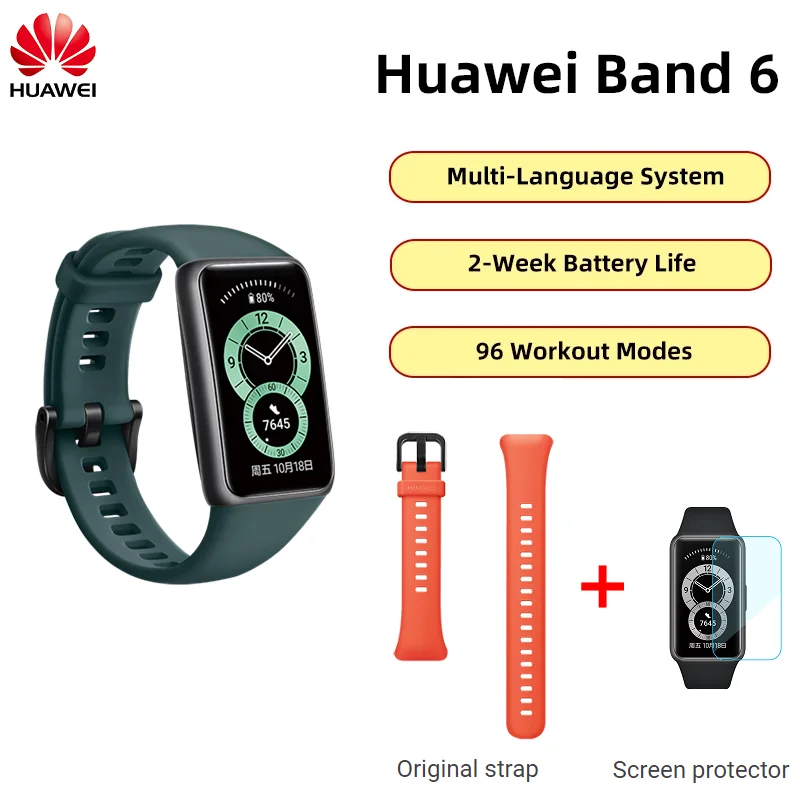 

[New] HUAWEI Band 6 Original Genuine Standard Edition Sports Band Multi-lingual + Orange Original Strap + Screen Film(Green)