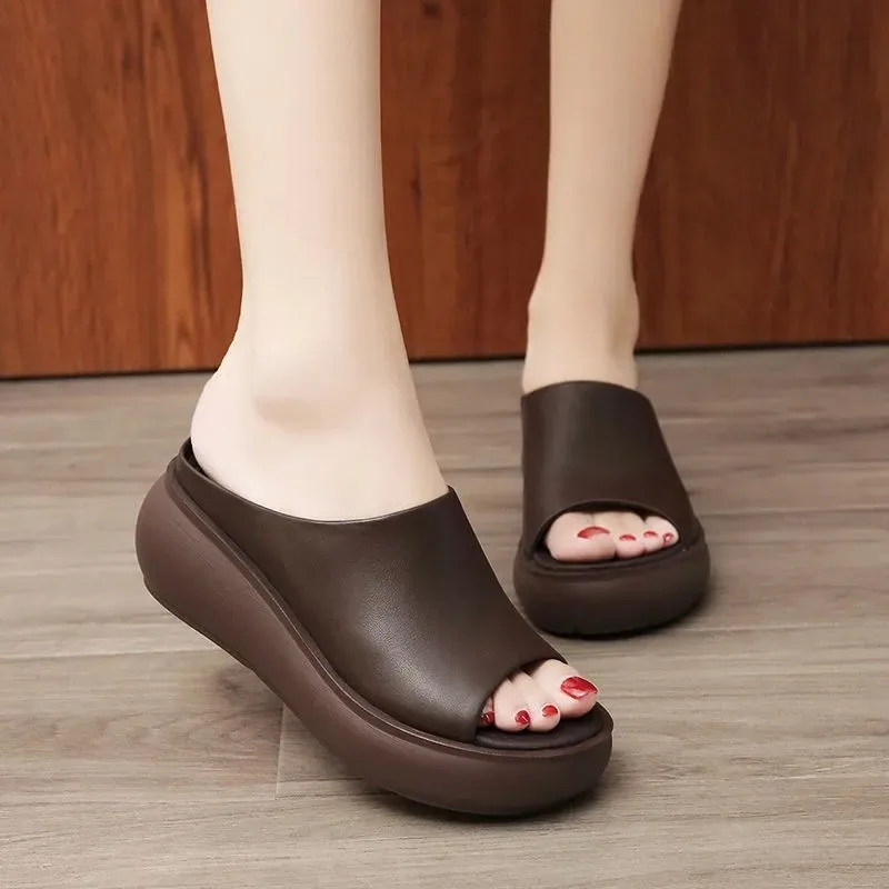 

Women Sandals 7.5cm Platform Wedges Women's Shoes Thick Heel Open Peep Toe Sandals Leather Summer Style Slide Shoes Dropshipping