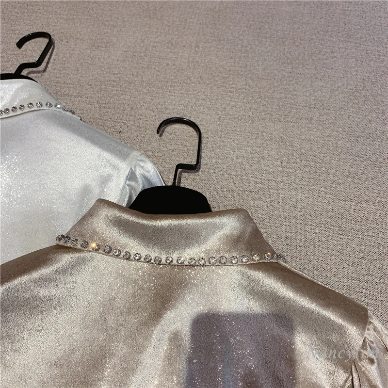 Tempérament Strass Satin Petit Haut Pour femmes 2021 printemps Col Rabattu À Manches Longues Chemisier De Dame Blusas Nancylim