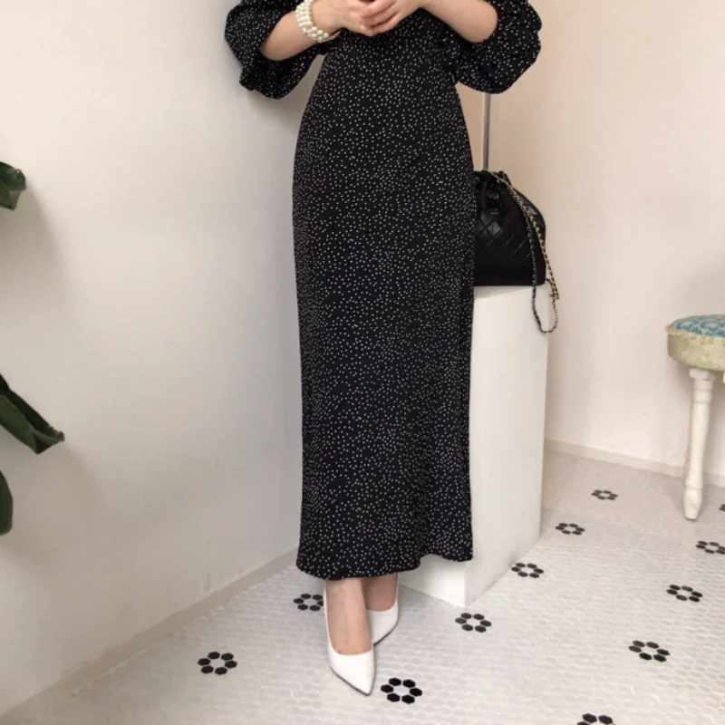 

Korean Chic Sexy Deep V-neck Slim-fit Woman Dress Side Split Puff Sleeve Sweet Polka Dot Vestidos Bodycon Elegant Femme Robe