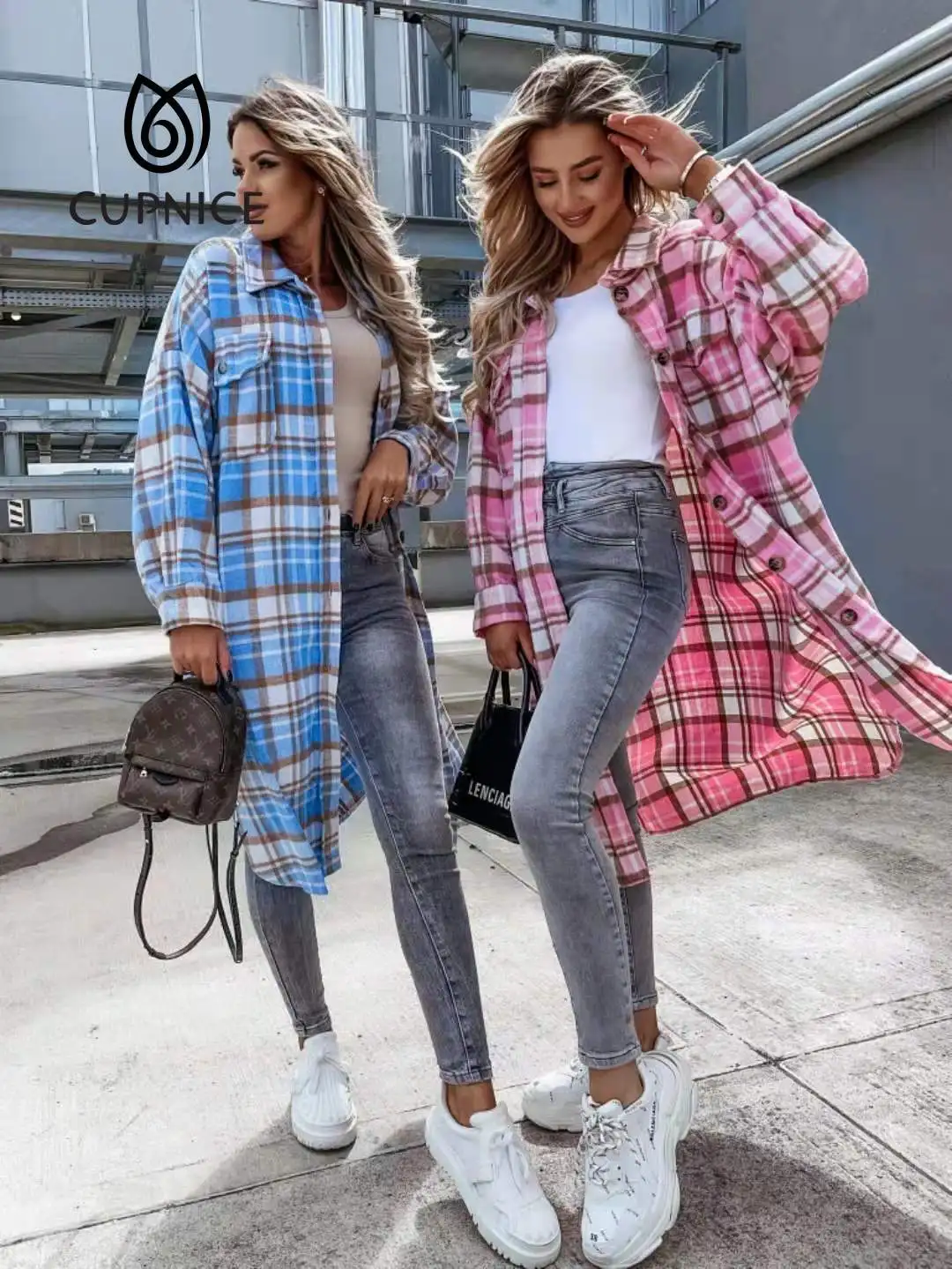 

CUPNICE 2021 Autumn and Spring New Vintage Plaid Fashion Single Breasted Lapel Oversize Shirt Women Long Sleeve Loose Jacket