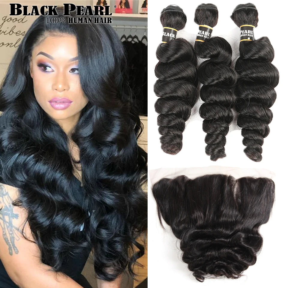 

Black Pearl Brazilian Loose Wave Bundles With Frontal Remy Human Hair 3 Bundles Loose Wave With Frontal