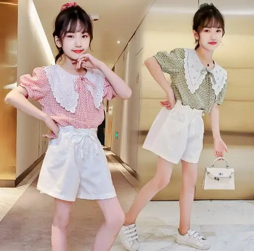 

Girls Summer Clothes Suit Baby Kids Girls Fashion Lace Collar Plaid Shirt + Shorts 2Pcs Clothing Sets 3-12 Year Children Outfits