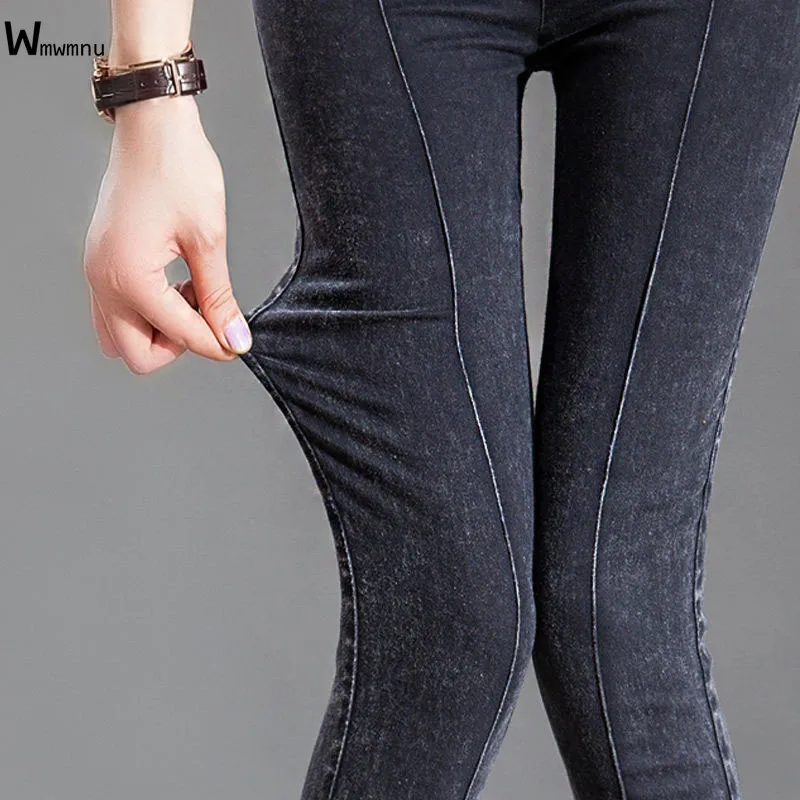 

women's black tight pencil pants Spring plus size slim denim pants fashion plus velvet thick stretch feet jeans Female