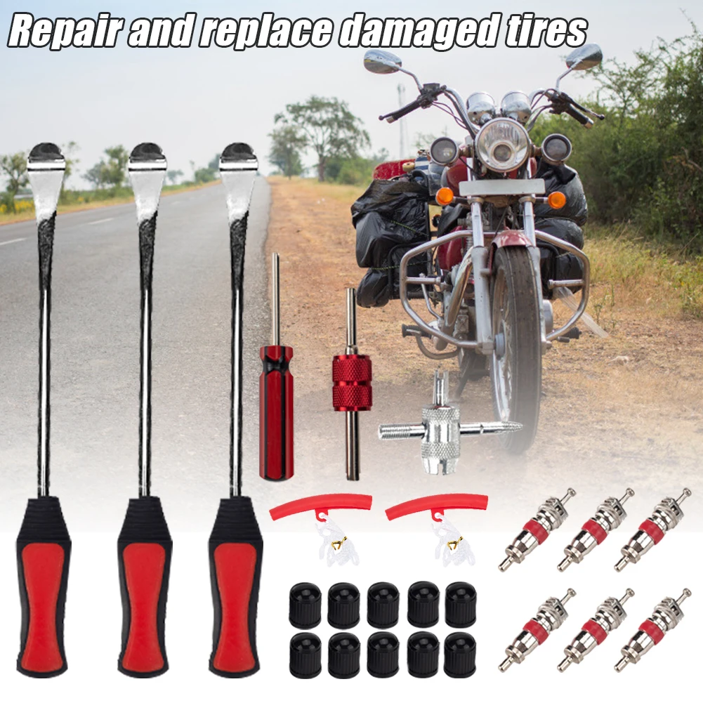 

Car Bike Tire Spoons Levers 24PCS/Set Outdoor Red Rim Protectors Caps Cores Tools Kit 30 Manganese Silicon Steel Rod+PP Handle