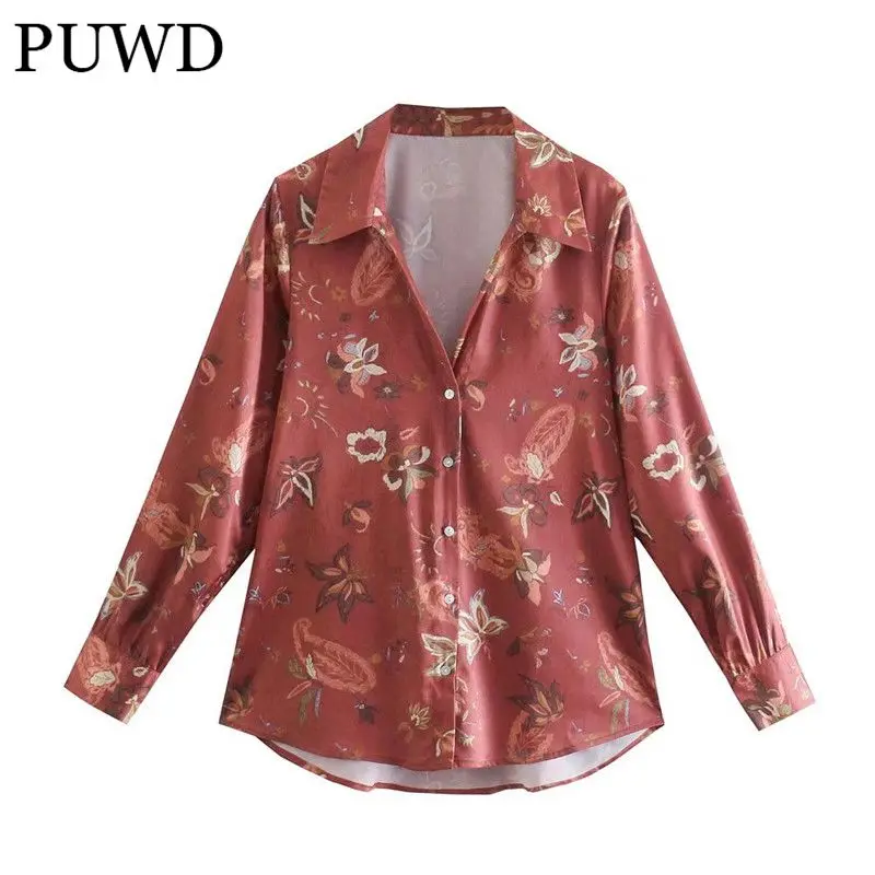 

PUWD Casual Women V Neck Straight Blouse 2021 Autumn Fashion Ladies High Street Vintage Shirt Female Flower Print Shirt Top