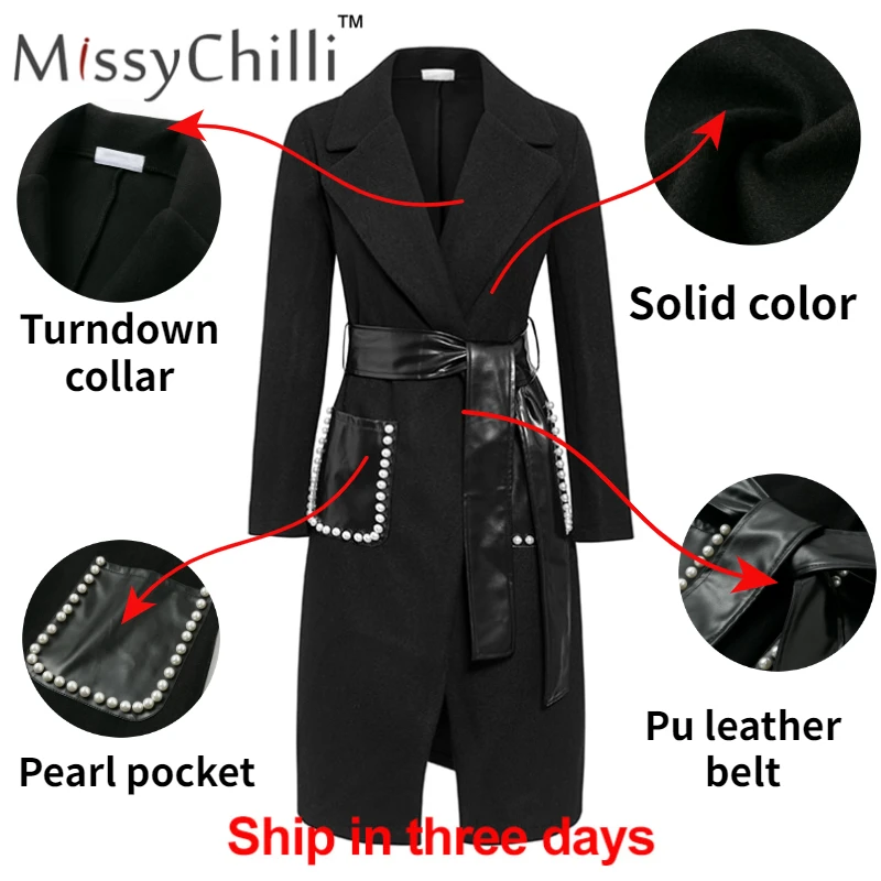 Женское пальто с поясом MissyChilli черное элегантное из искусственной кожи длинными