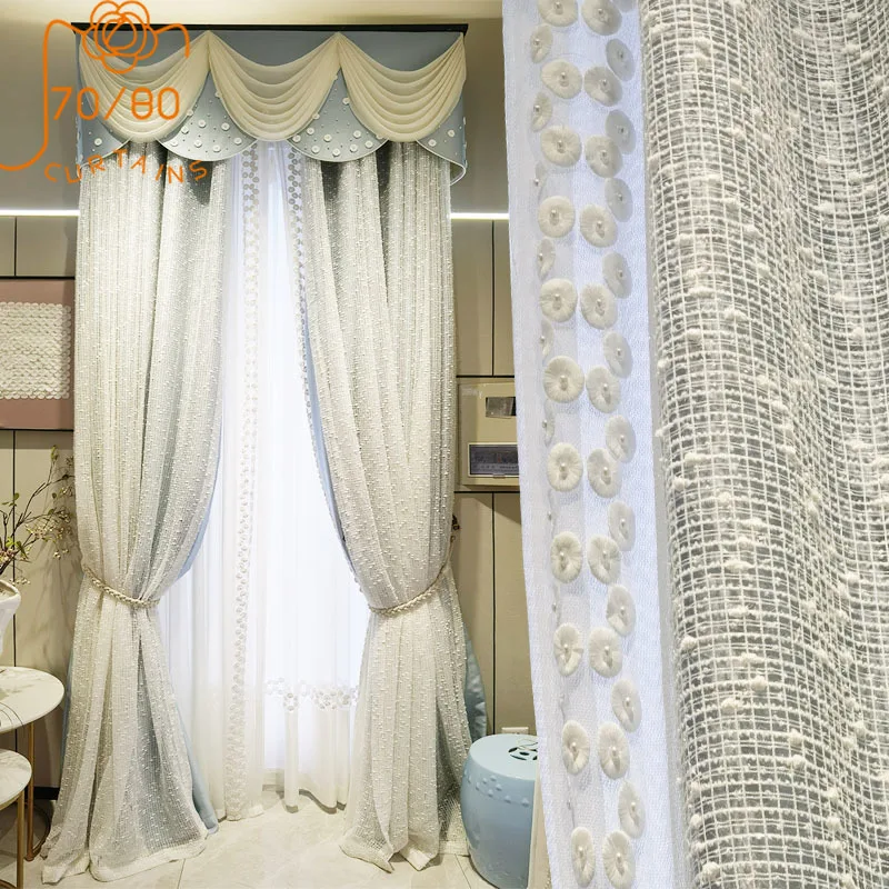 French Luxury Embossed Yarn Princess Wind Blue Double Thickening Blackout Curtains for Living Room Bedroom Custom Valance