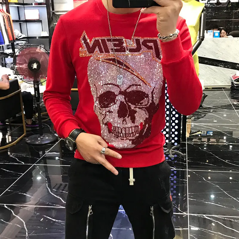 

Europe 2021 Autumn Personalized Heavy Craft Skull Hot Drill Oversized T-shirt Long Sleeve Sweater Men4XL