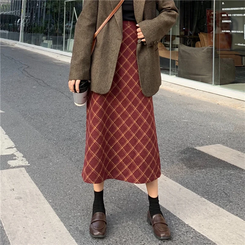 KINOMI осень-зима толстые шерстяные длинные юбки с высокой талией красные клетчатые
