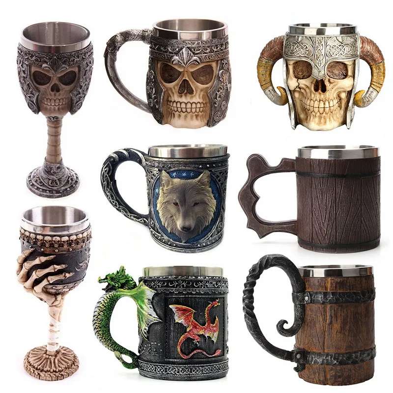 

Retro Horn Skull Resin Beer Mug Stainless Steel Skull Knight Tankard Halloween Coffee Cup Viking Tea Mug Pub Bar Decoration